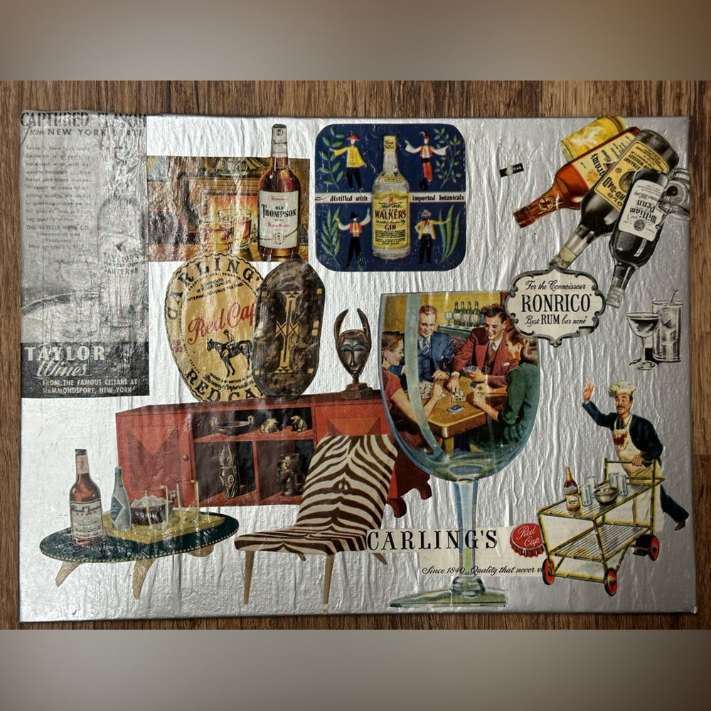Midcentury collage art liquor advertising canvas panel 12x9 original folk mcm